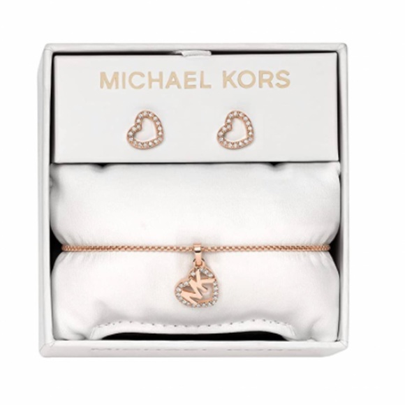 MICHAEL KORS Rose Gold Crystal Heart Logo Slider Bracelet Stud Earring Boxed Set - Picture 7 of 10
